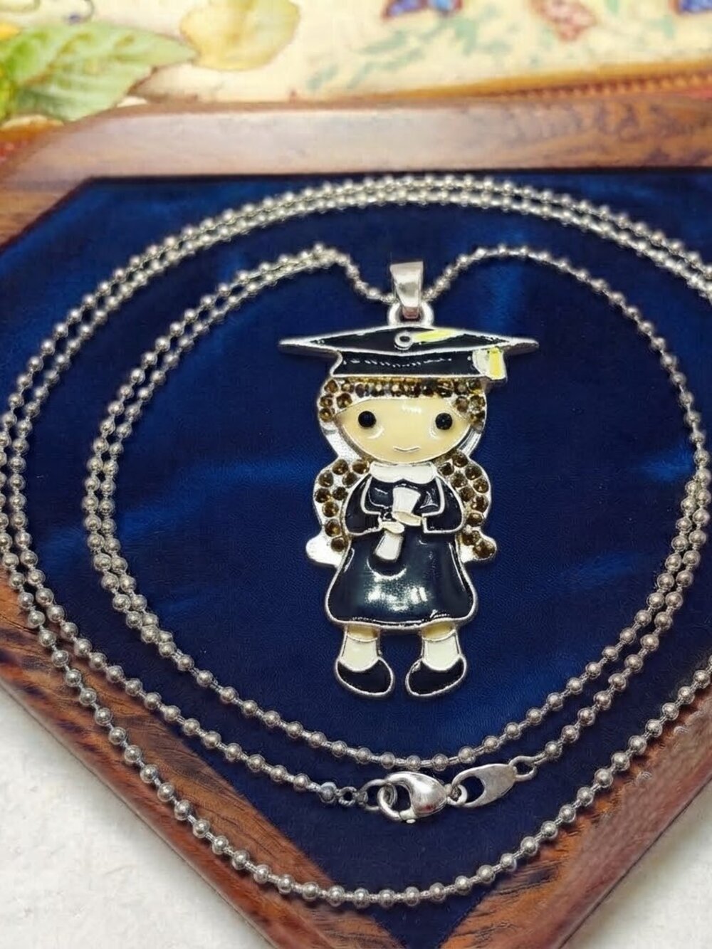 New rhinestone girl graduation / graduate pendant necklace, 17 inch